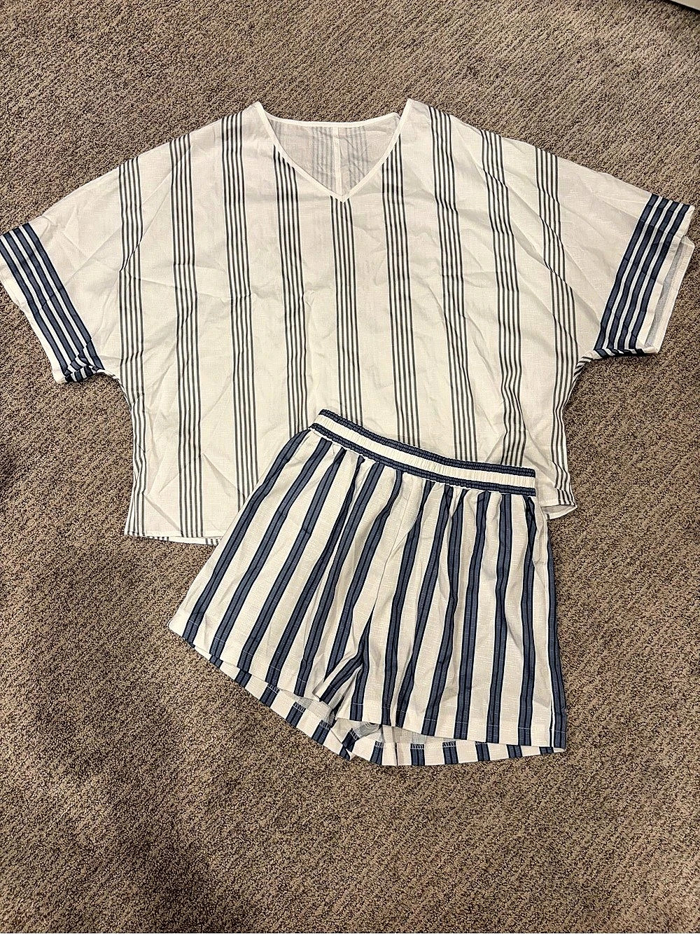 Striped Two-Piece Shorts Set in White & Blue